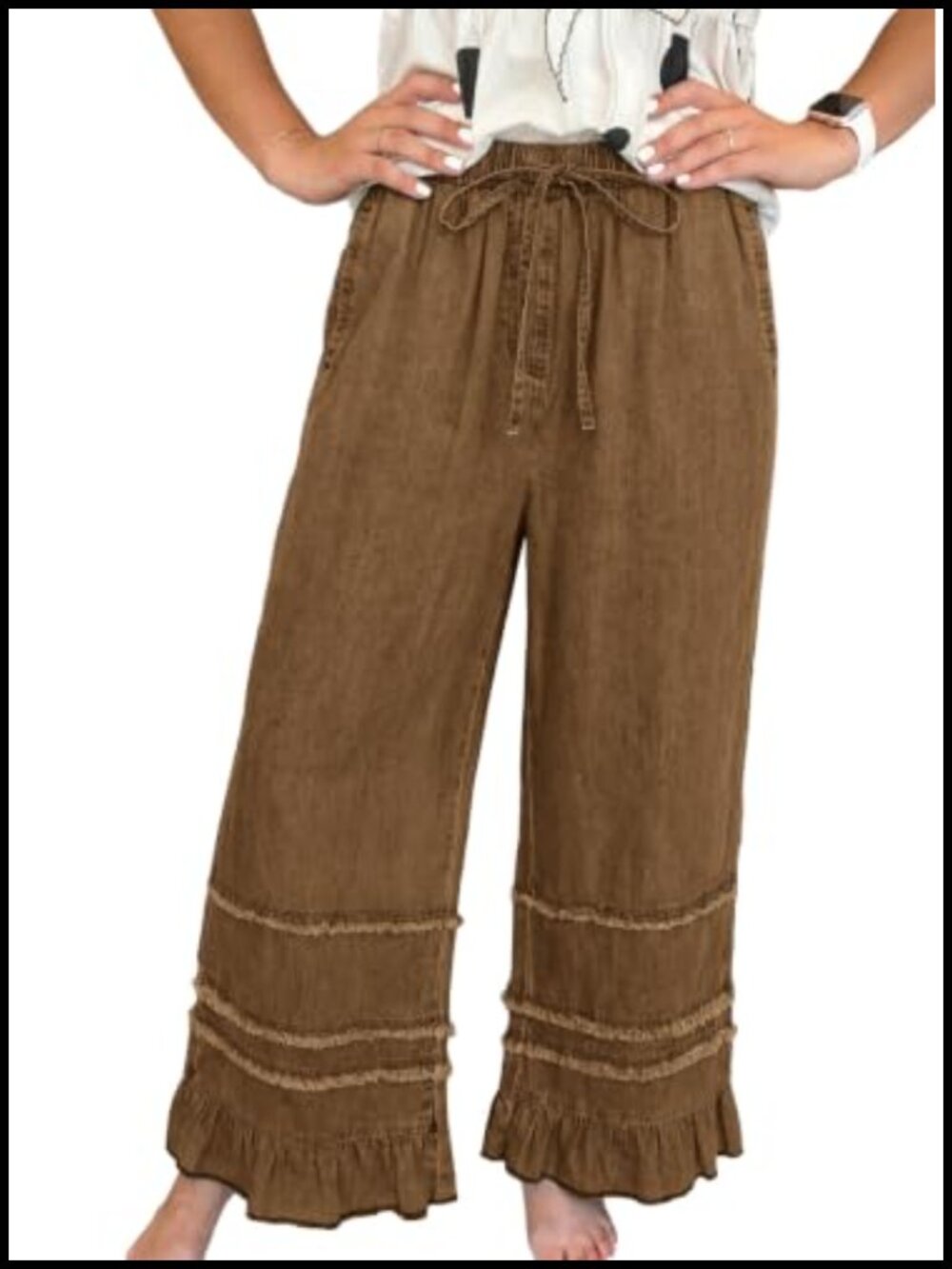 Wide Leg Stretch High Waisted Jeans with Ruffle Hem